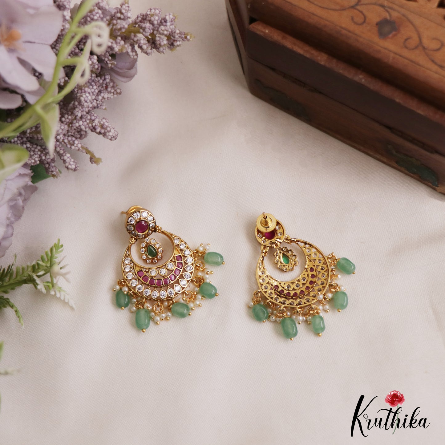 Classic Floral Motifs Chandbali AD Earrings With Bead Drops E1089 (Available In 2 Colors)