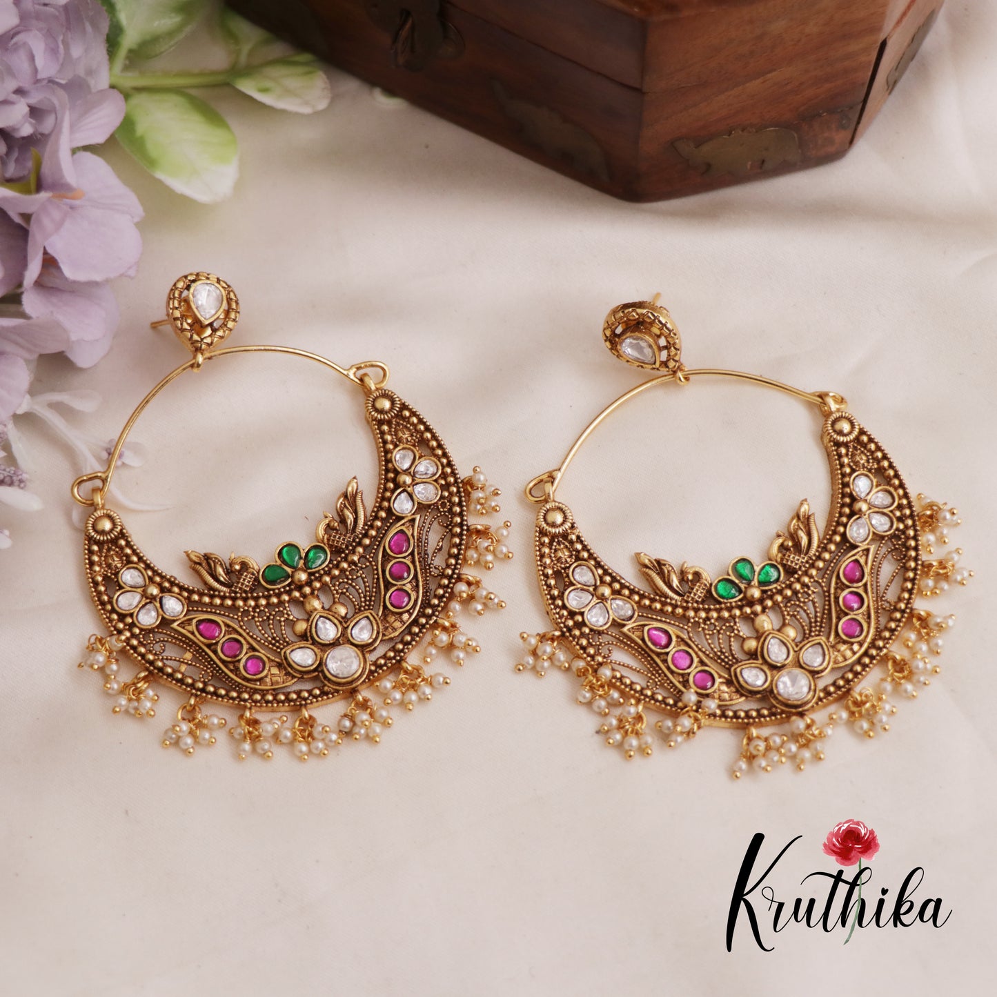 Beautiful Teardrop Kemp Chandbali Earrings With Pearl Drops E833