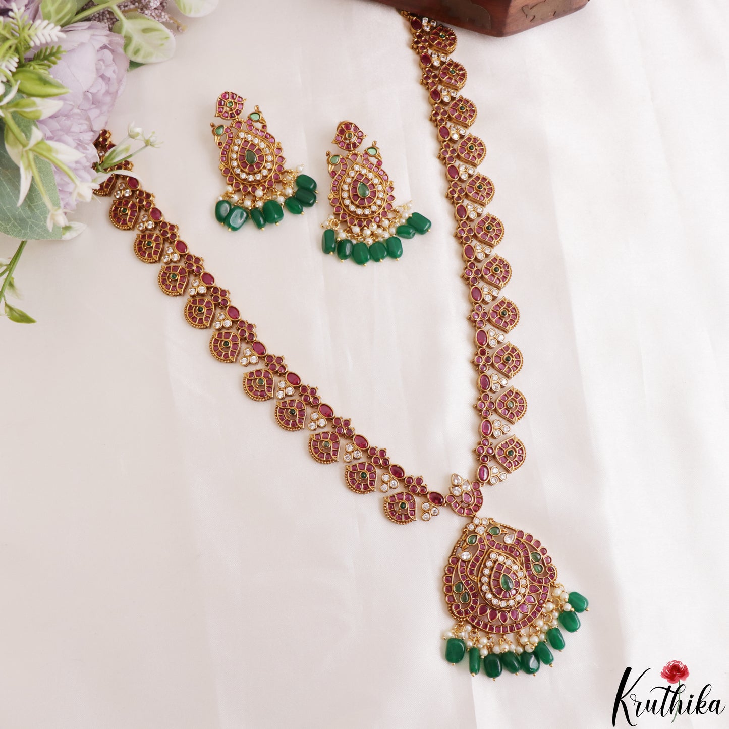 Premium Peacock Floral Motifs Kemp Haaram With Green Bead Drops LH2190