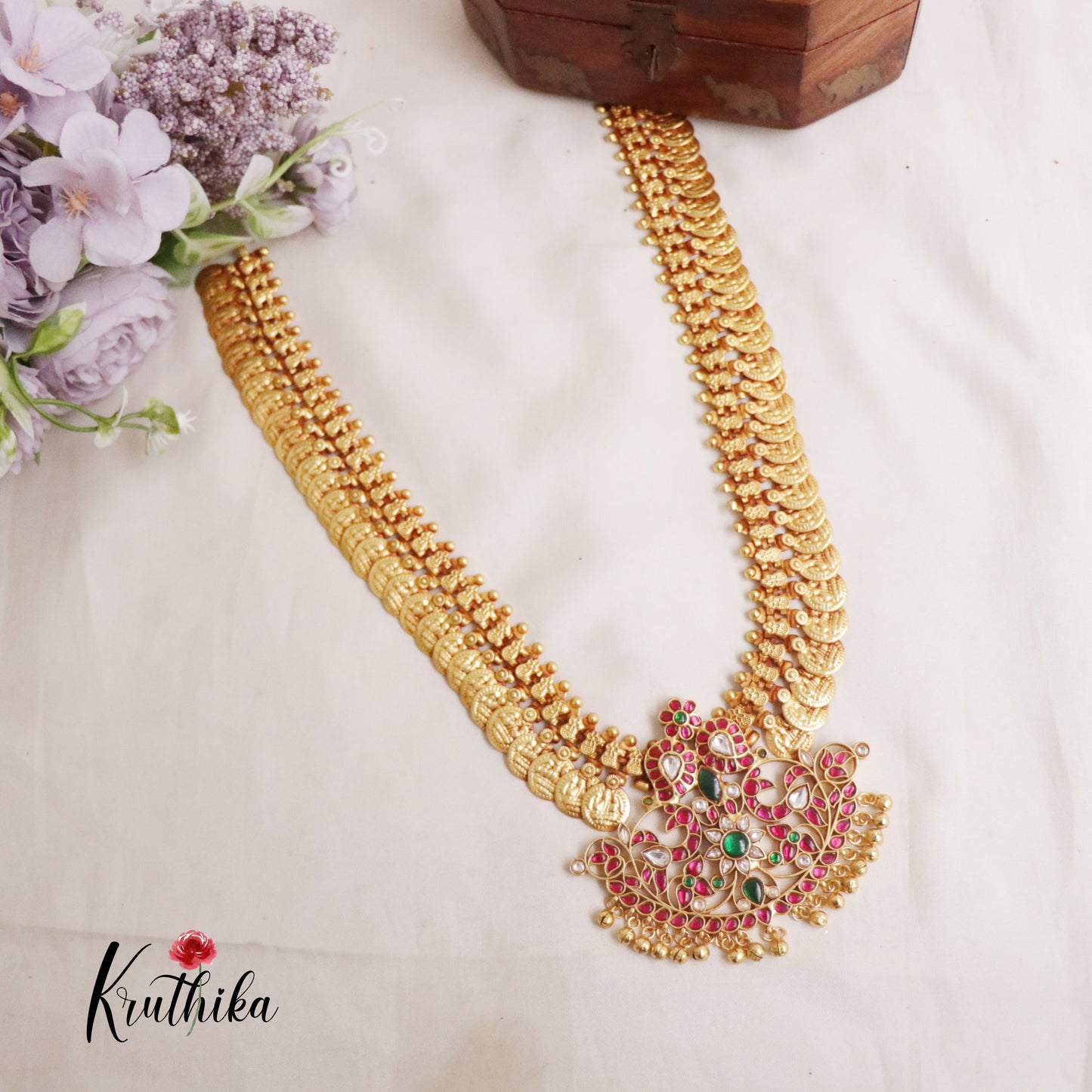 Beautiful Gold Finished Peacock Jadau Pendant Kasu Haaram LH1940