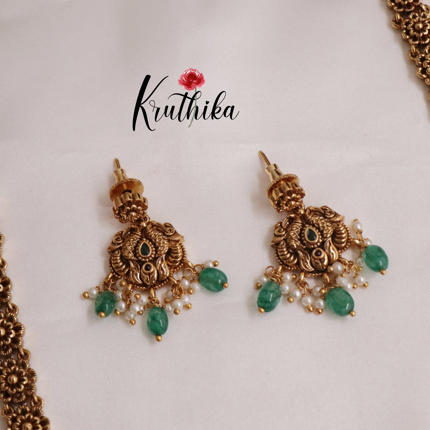 Beautiful Antique Peacock Haaram with Green Beads Drops LH1958