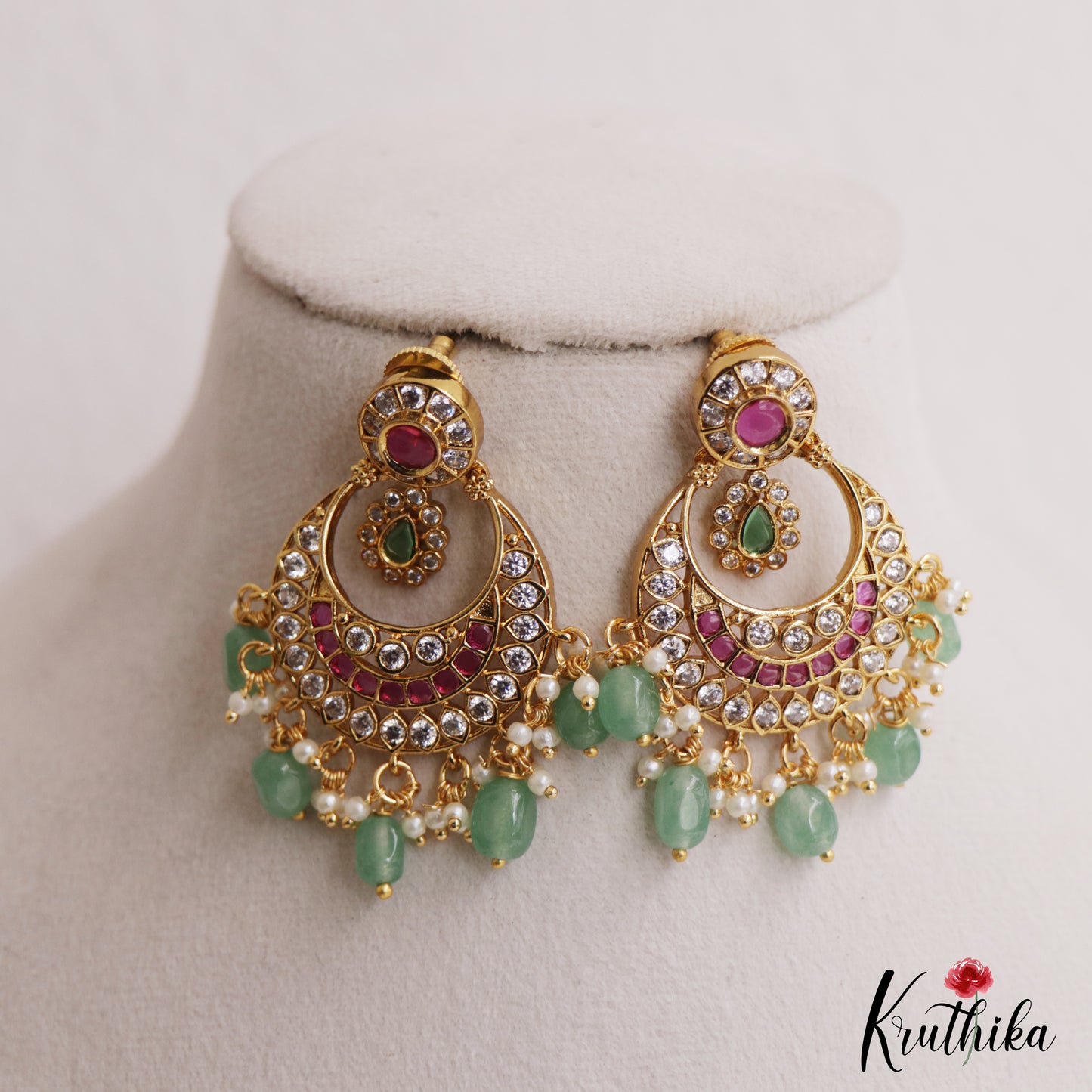 Classic Floral Motifs Chandbali AD Earrings With Bead Drops E1089 (Available In 2 Colors)
