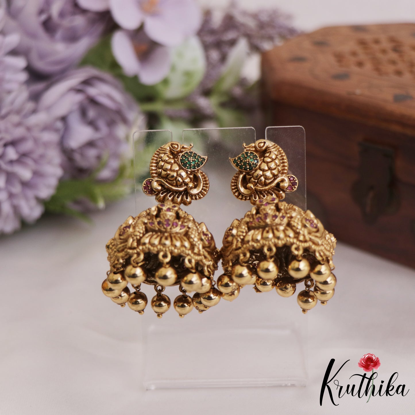 Gorgeous Antique Nagas Lakshmi Peacock Motifs Jhumkas With Golden Bead Drops E924