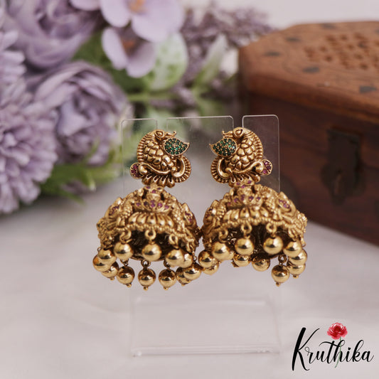 Gorgeous Antique Nagas Lakshmi Peacock Motifs Jhumkas With Golden Bead Drops E924