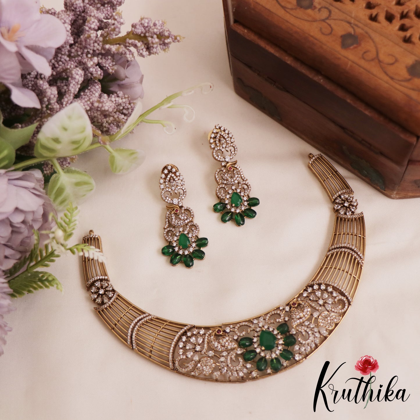 Stunning AD Floral Peacock Motifs Victorian Hasli Choker NC2812 (Available In 2 Colors)