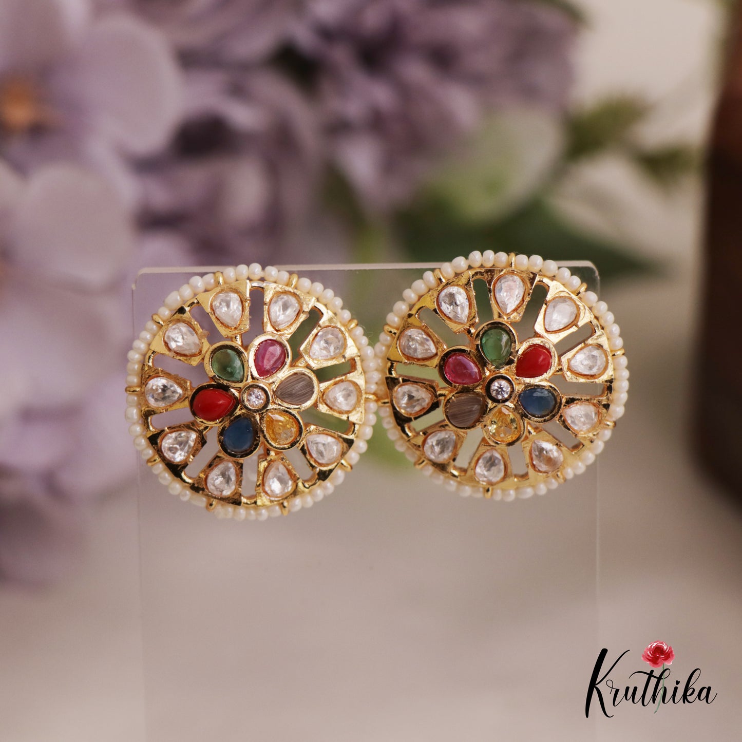 Trendy Pearl Border Floral Motifs AD Stud Earrings E991 (Available In 6 Colors)