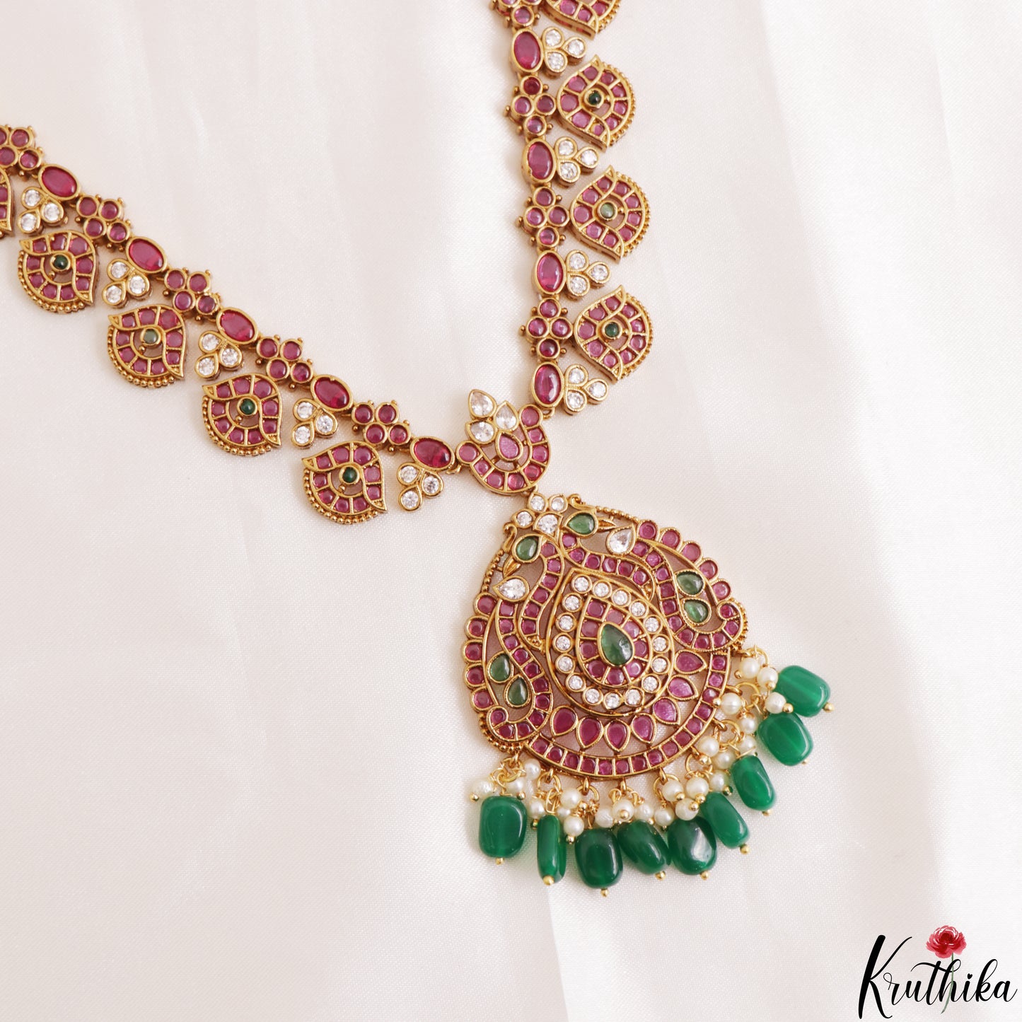 Premium Peacock Floral Motifs Kemp Haaram With Green Bead Drops LH2190