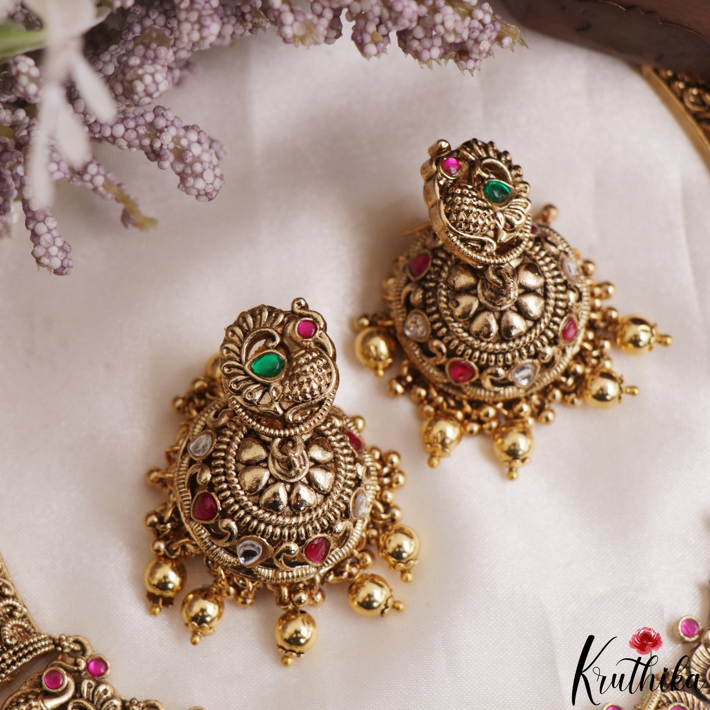 Gorgeous Antique Peacock Motifs Temple Necklace With Bead Drops NC3139 (Available In 2 Colors)