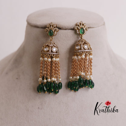 Beautiful AD Stone Floral With Chain Bead Drops Jhumka Earrings E800
