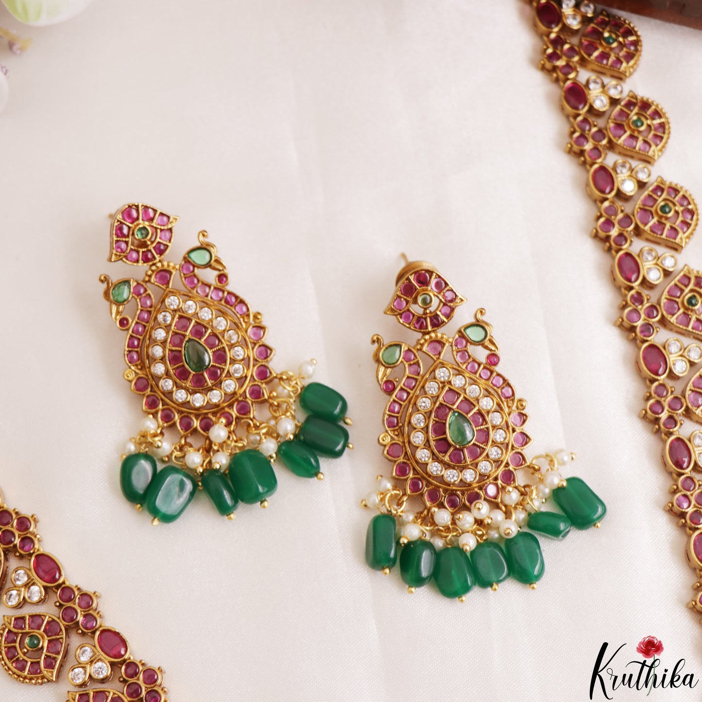 Premium Peacock Floral Motifs Kemp Haaram With Green Bead Drops LH2190