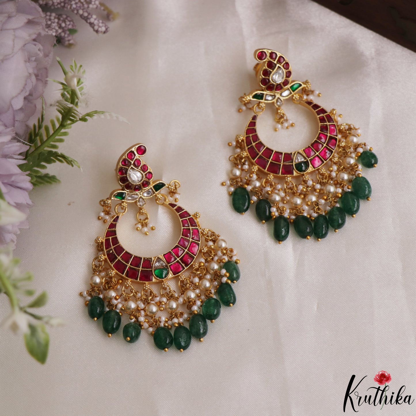 Stunning Mango Motifs Jadau Chandbali Earrings With Green Bead Drops E1189