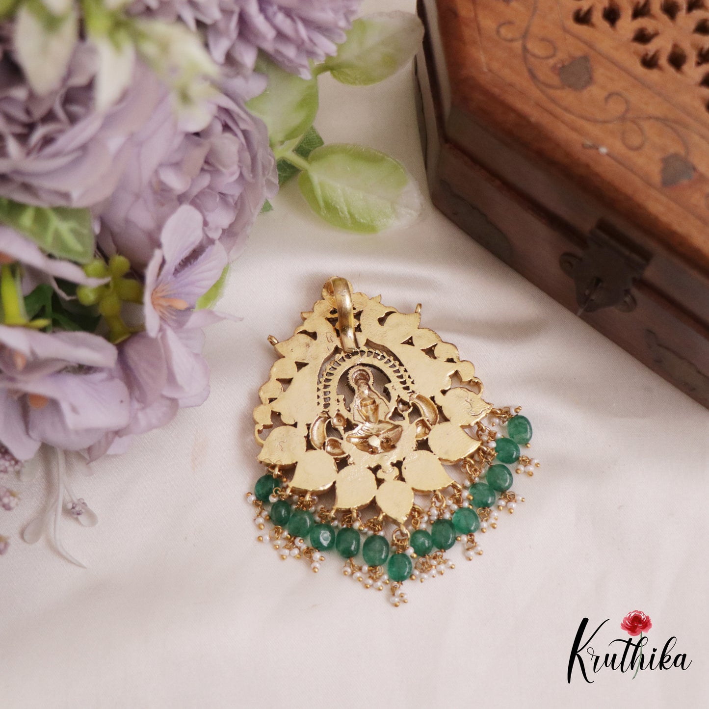 Traditional Lakshmi Peacock Motifs Jadau Pendant With Green Bead Drops PS260