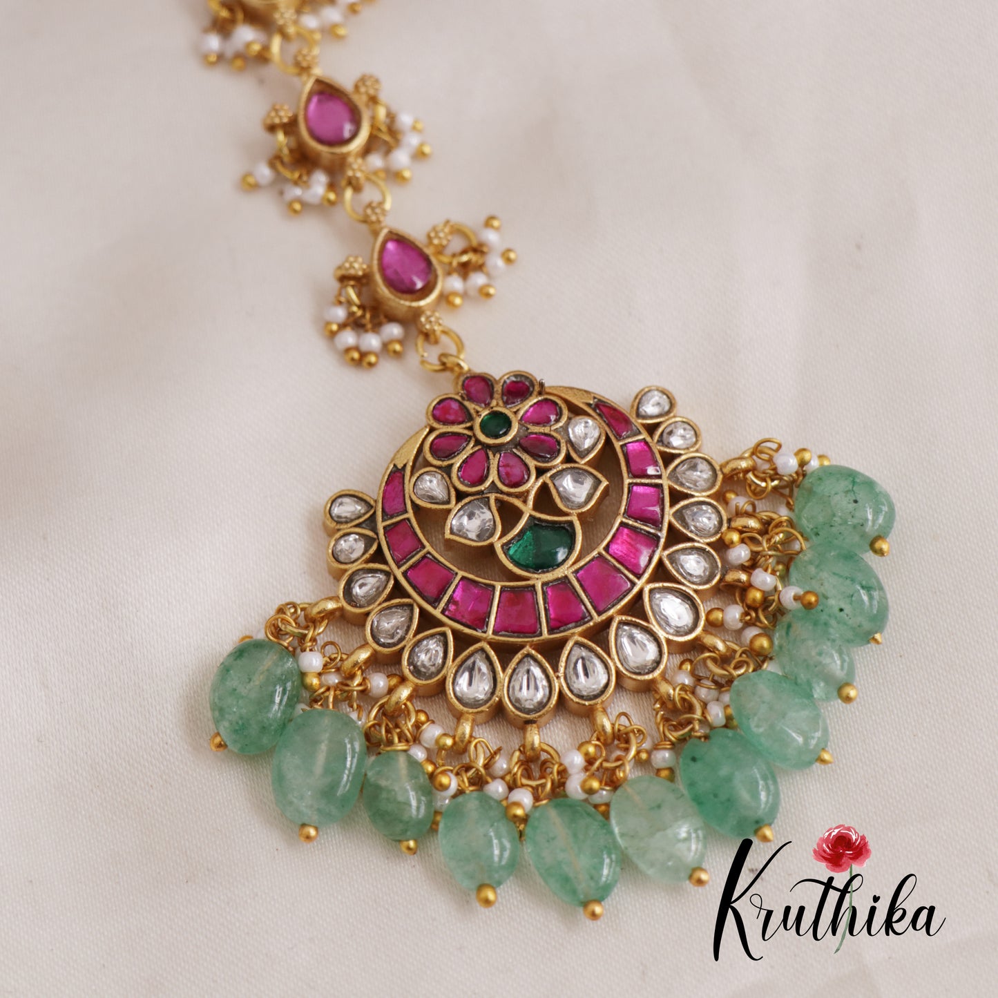 Gorgeous Floral Jadau Maang Tikka With Bead And Pearl Drops MT308
