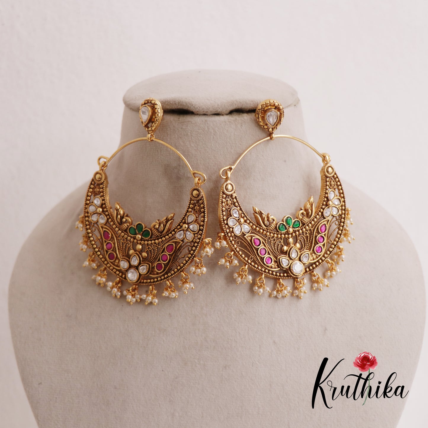 Beautiful Teardrop Kemp Chandbali Earrings With Pearl Drops E833
