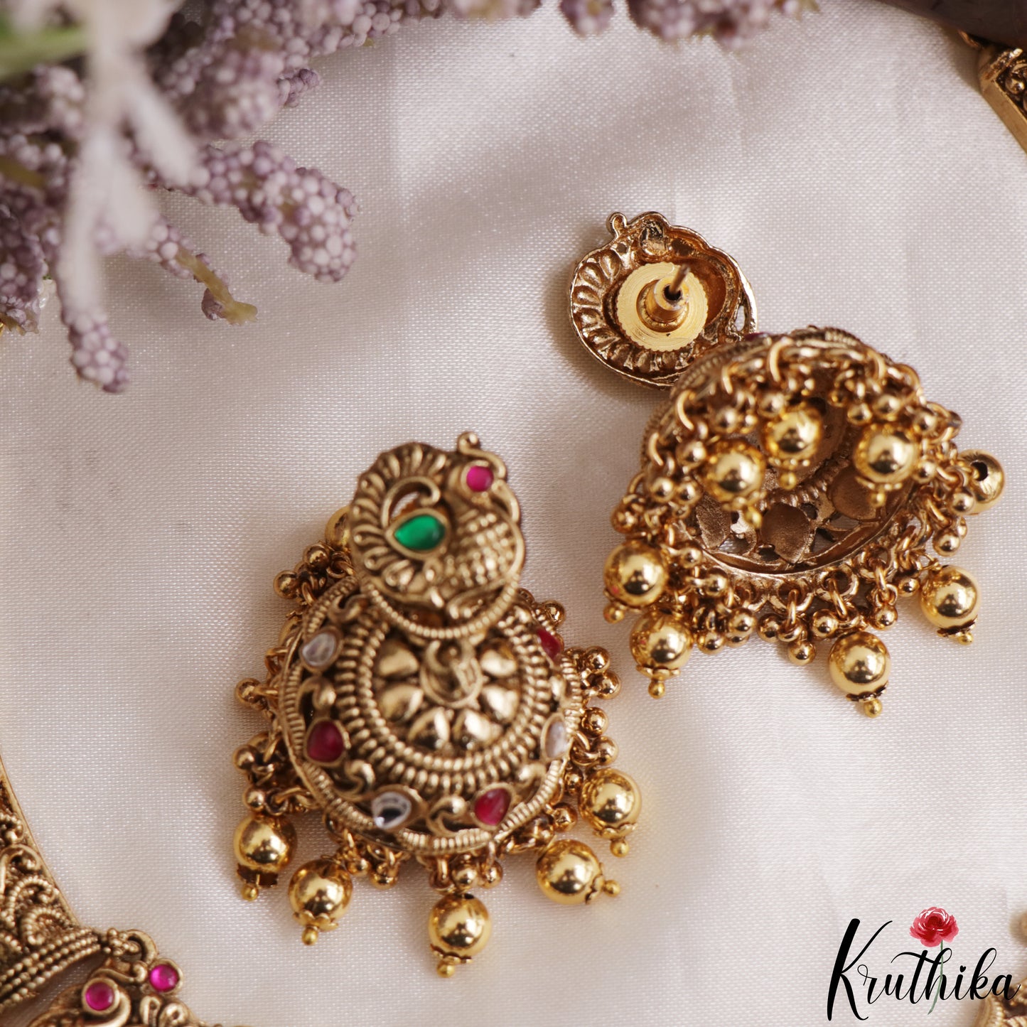 Gorgeous Antique Peacock Motifs Temple Necklace With Bead Drops NC3139 (Available In 2 Colors)