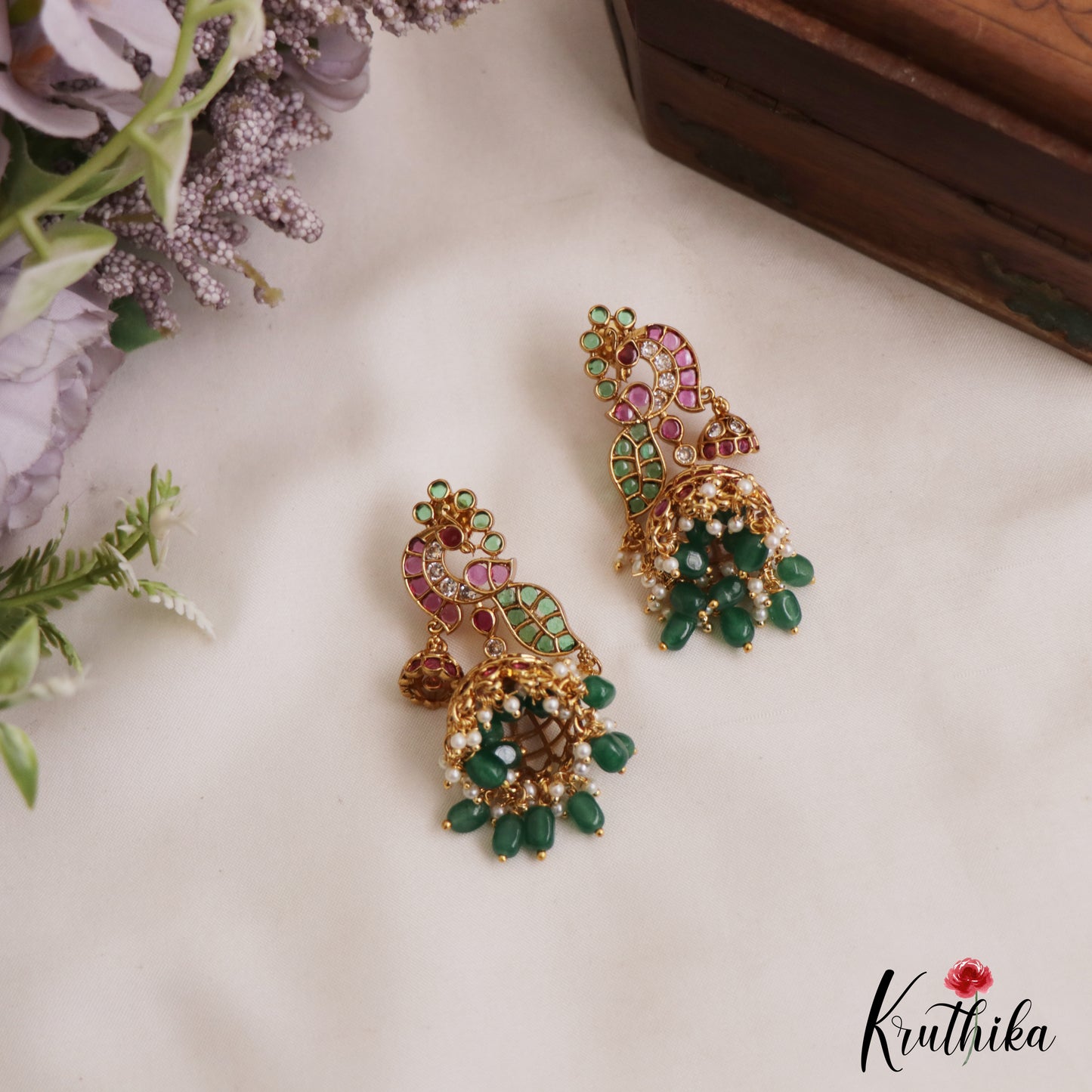 Beautiful Peacock Motifs Kemp Jhumkas With Pearl and Bead Drops E1090 (Available In 2 Colors)