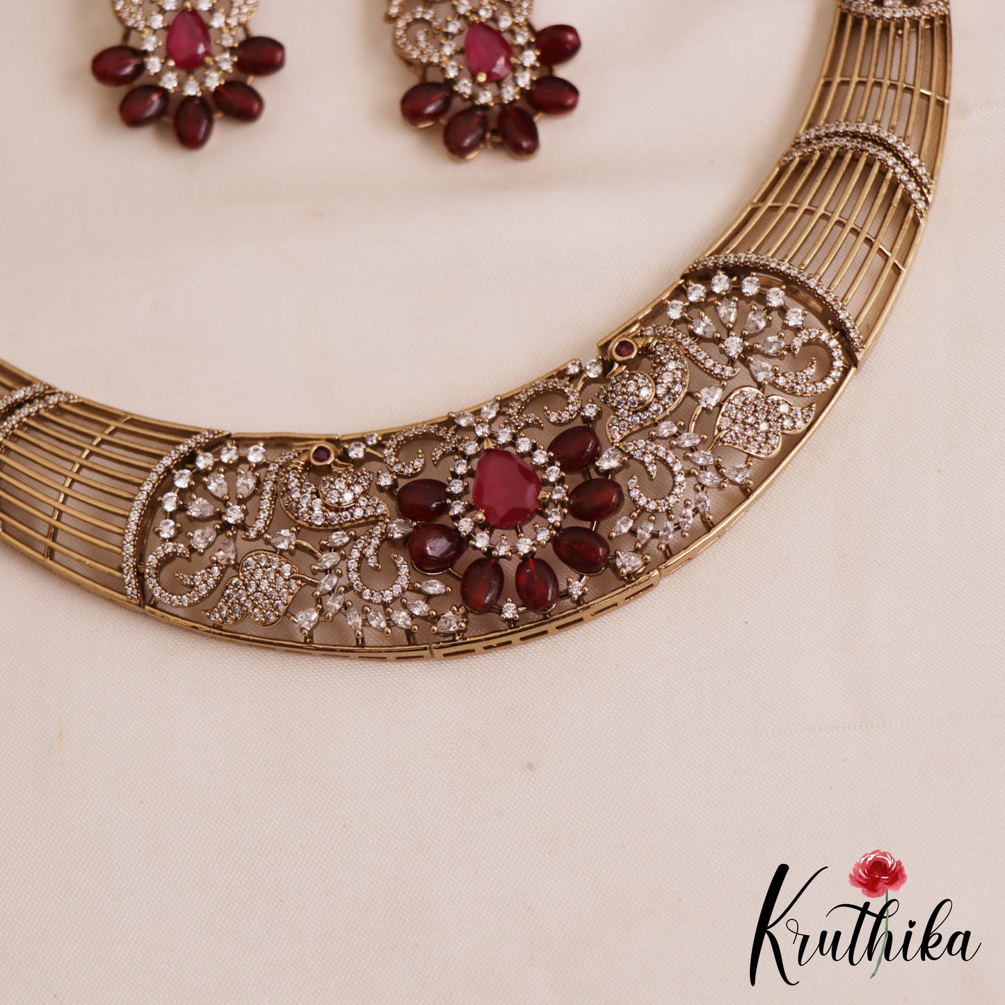 Stunning AD Floral Peacock Motifs Victorian Hasli Choker NC2812 (Available In 2 Colors)