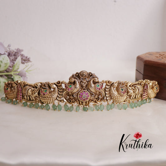 Premium Kemp Peacock Elephant Motifs Nagas Hip Belt with Pearl Drops V313