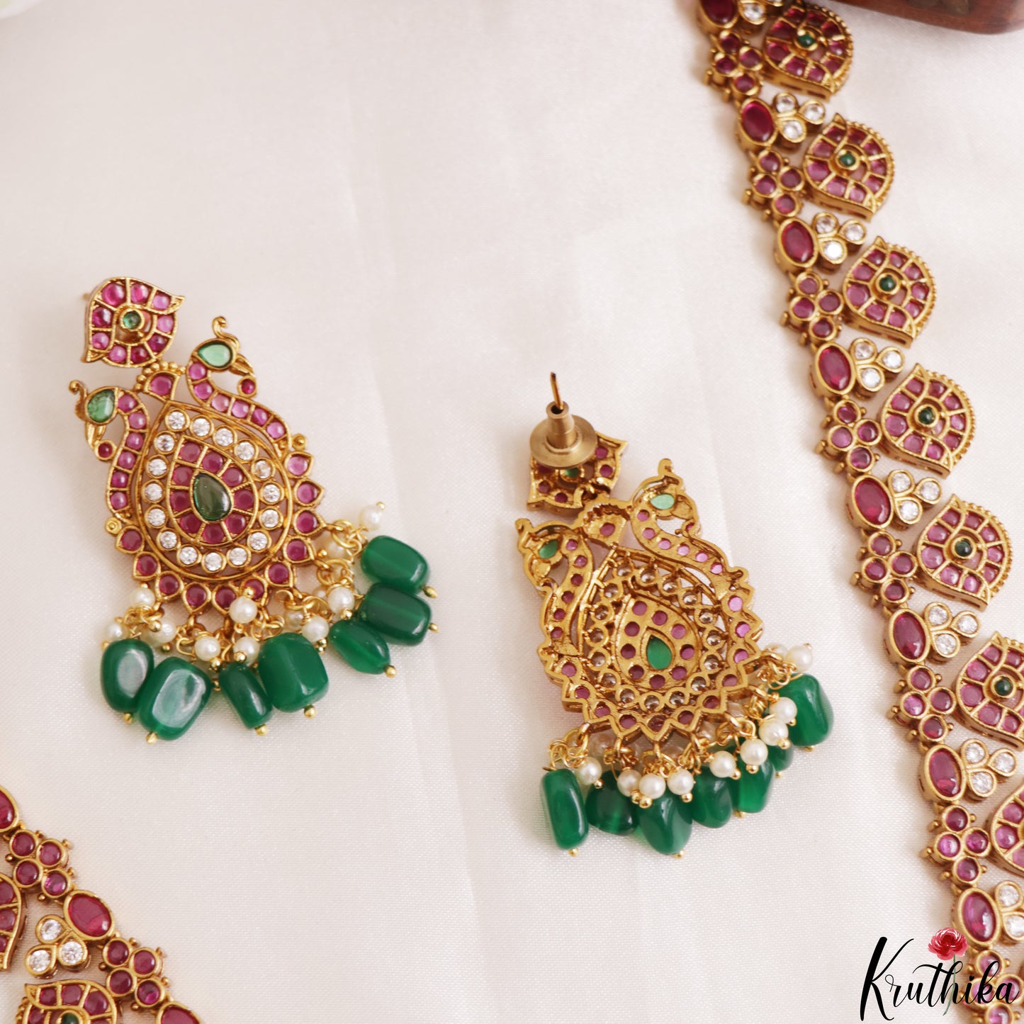 Premium Peacock Floral Motifs Kemp Haaram With Green Bead Drops LH2190
