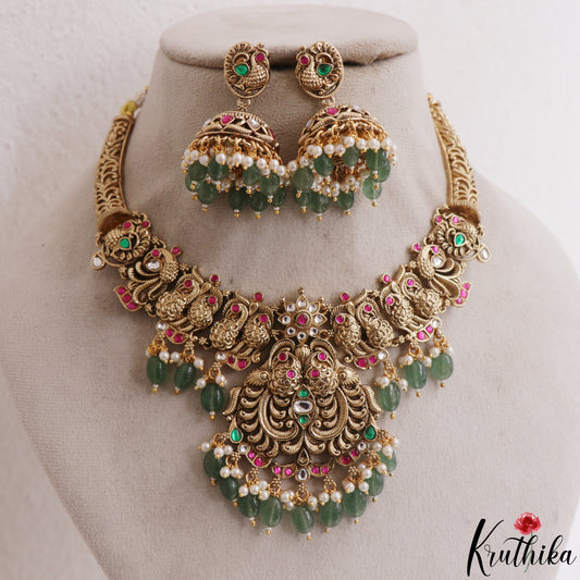 Gorgeous Antique Peacock Motifs Temple Necklace With Bead Drops NC3139 (Available In 2 Colors)