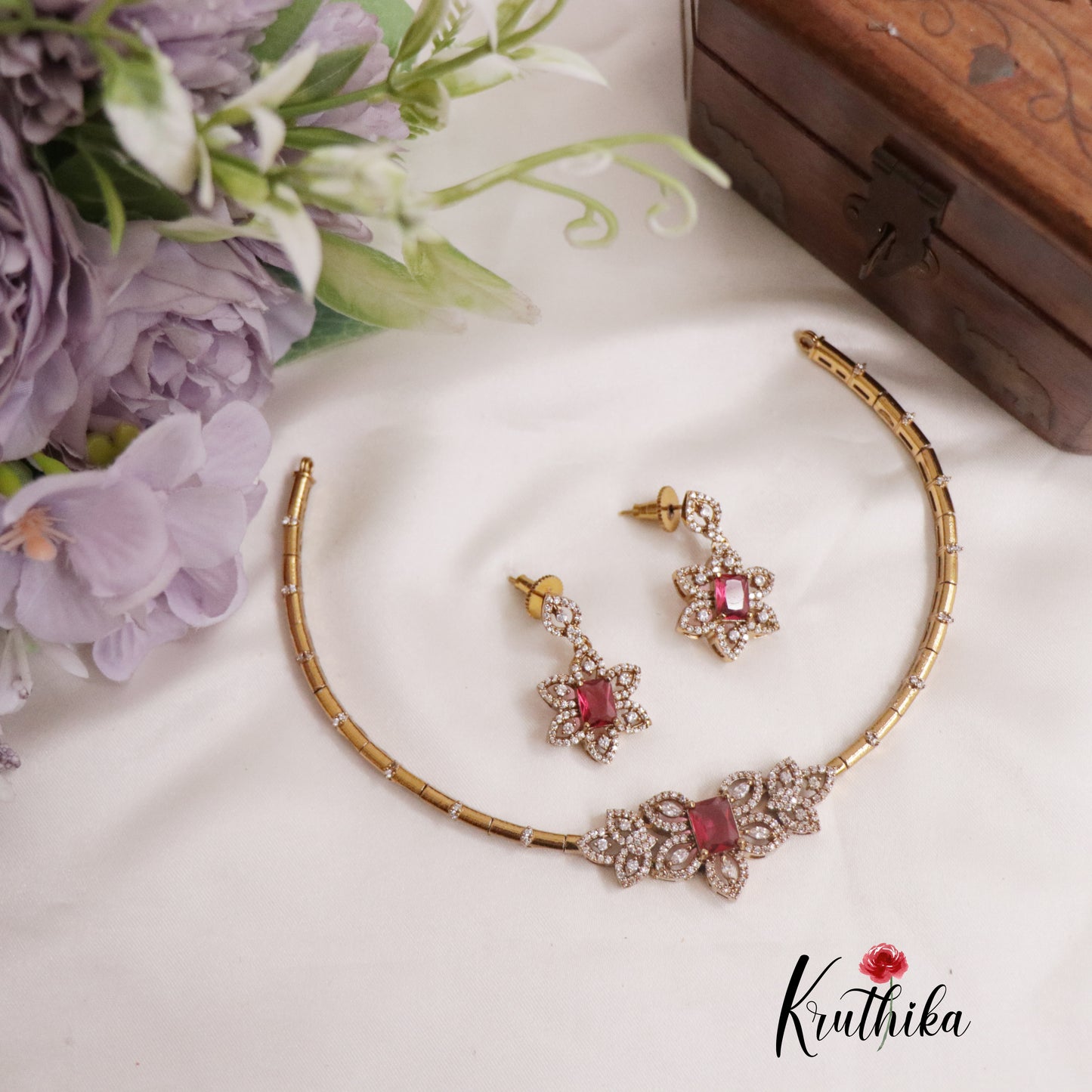 Simple CZ Floral Bloom Pipe Necklace NC2259 (Available in 2 Colors)