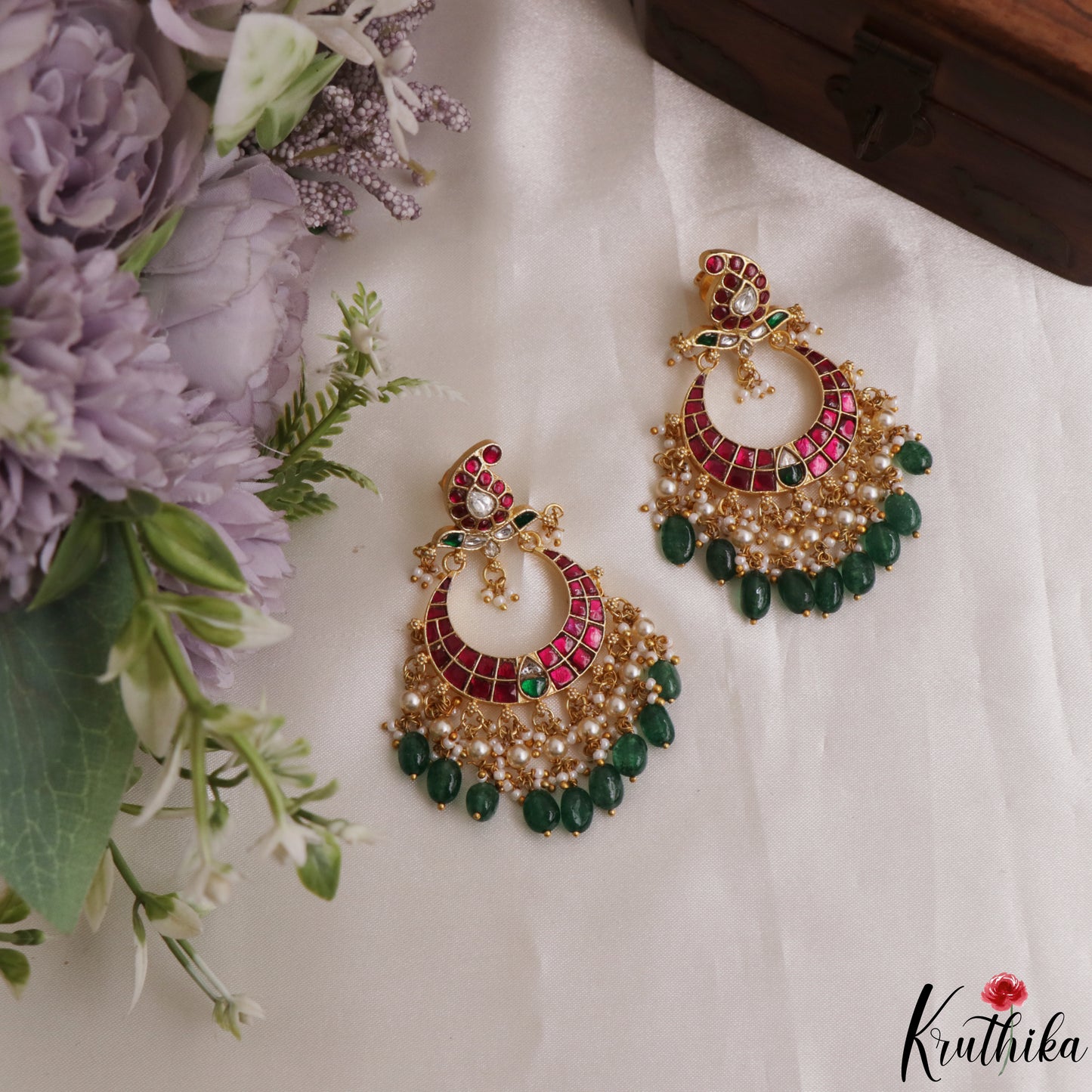 Stunning Mango Motifs Jadau Chandbali Earrings With Green Bead Drops E1189