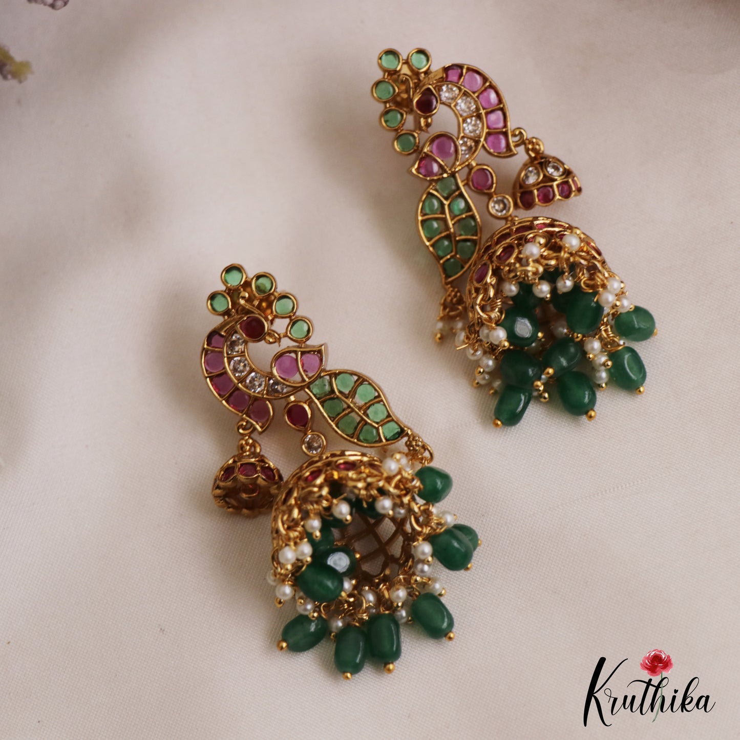 Beautiful Peacock Motifs Kemp Jhumkas With Pearl and Bead Drops E1090 (Available In 2 Colors)