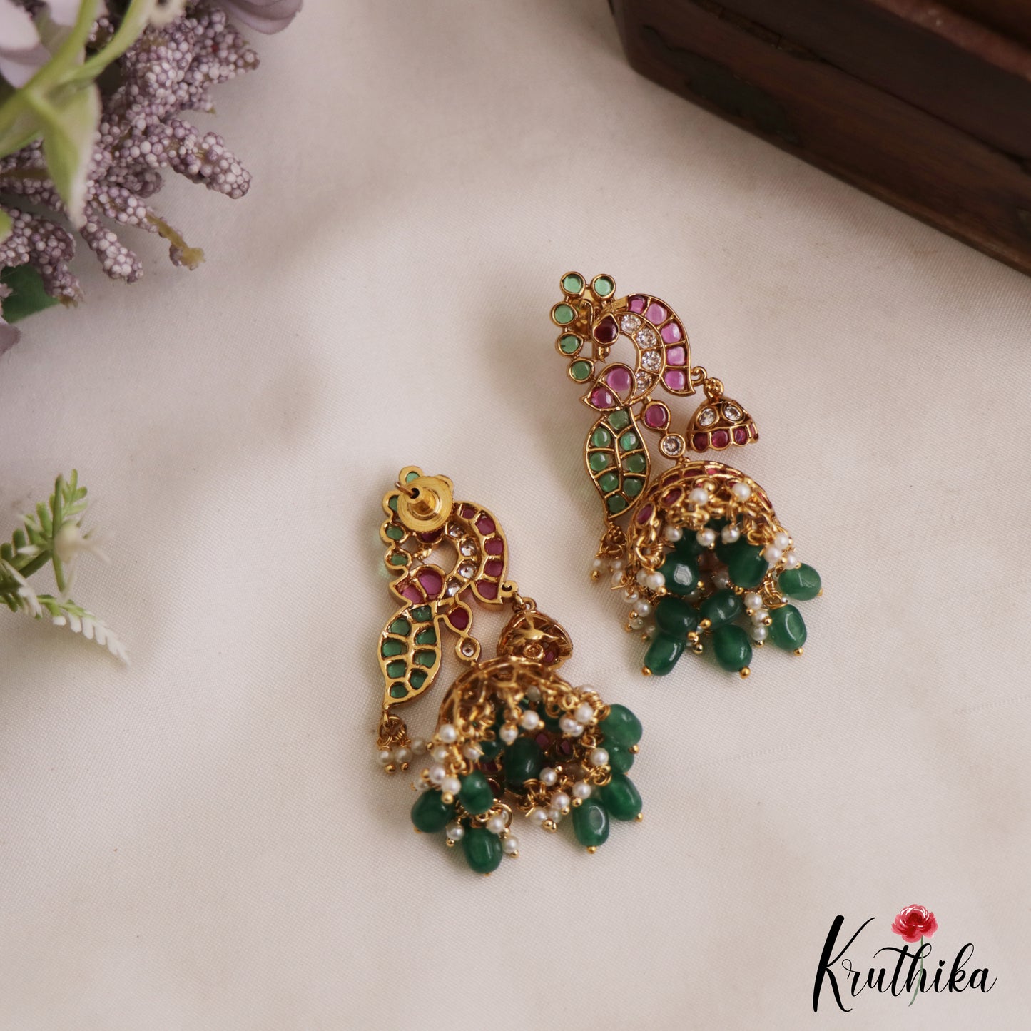 Beautiful Peacock Motifs Kemp Jhumkas With Pearl and Bead Drops E1090 (Available In 2 Colors)