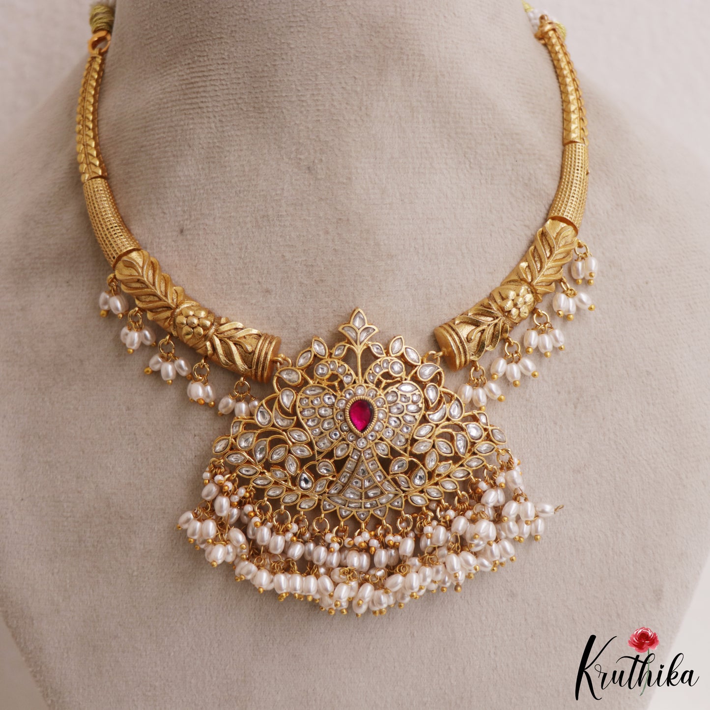 Gorgeous Peacock Motifs Jadau Hasli Necklace With Pearl Drops NC2970 (Available In 3 Colors)