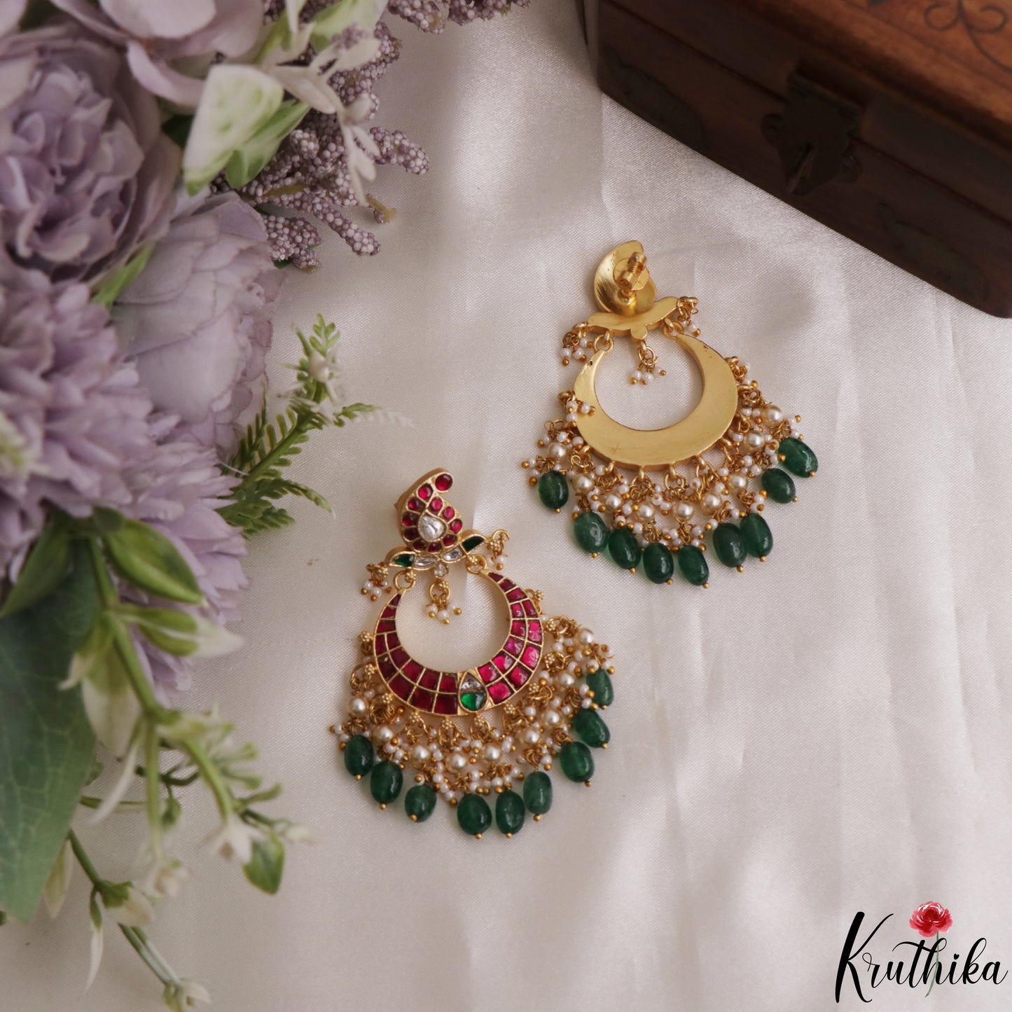 Stunning Mango Motifs Jadau Chandbali Earrings With Green Bead Drops E1189