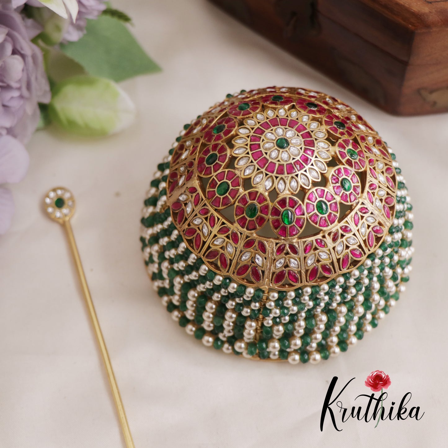 Premium Jadau Hair Bun With Pearl And Bead Tiers J288