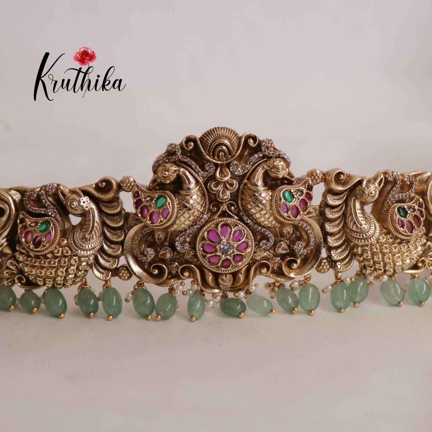 Premium Kemp Peacock Elephant Motifs Nagas Hip Belt with Pearl Drops V313