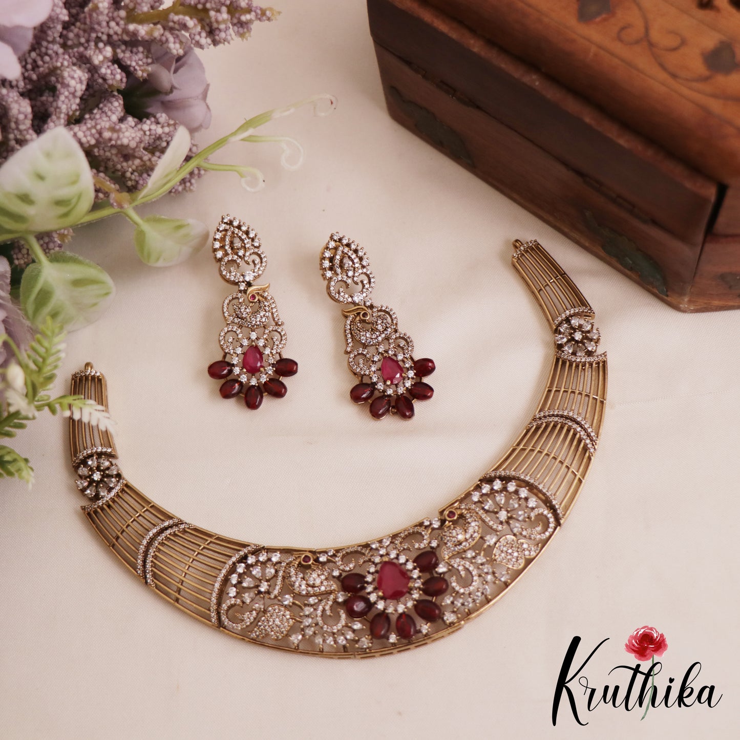 Stunning AD Floral Peacock Motifs Victorian Hasli Choker NC2812 (Available In 2 Colors)