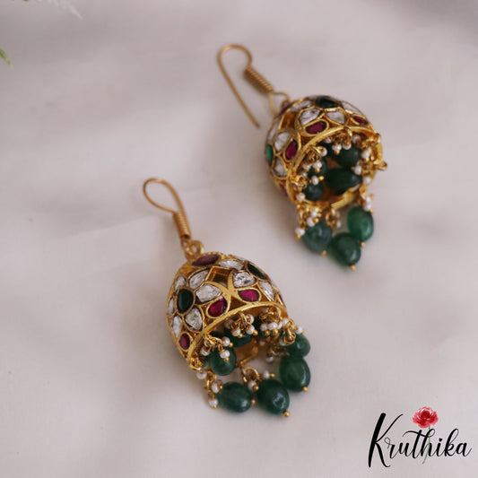 Simple Trendy Floral Motifs Jadau Jhumkas With Green Bead Drops E907