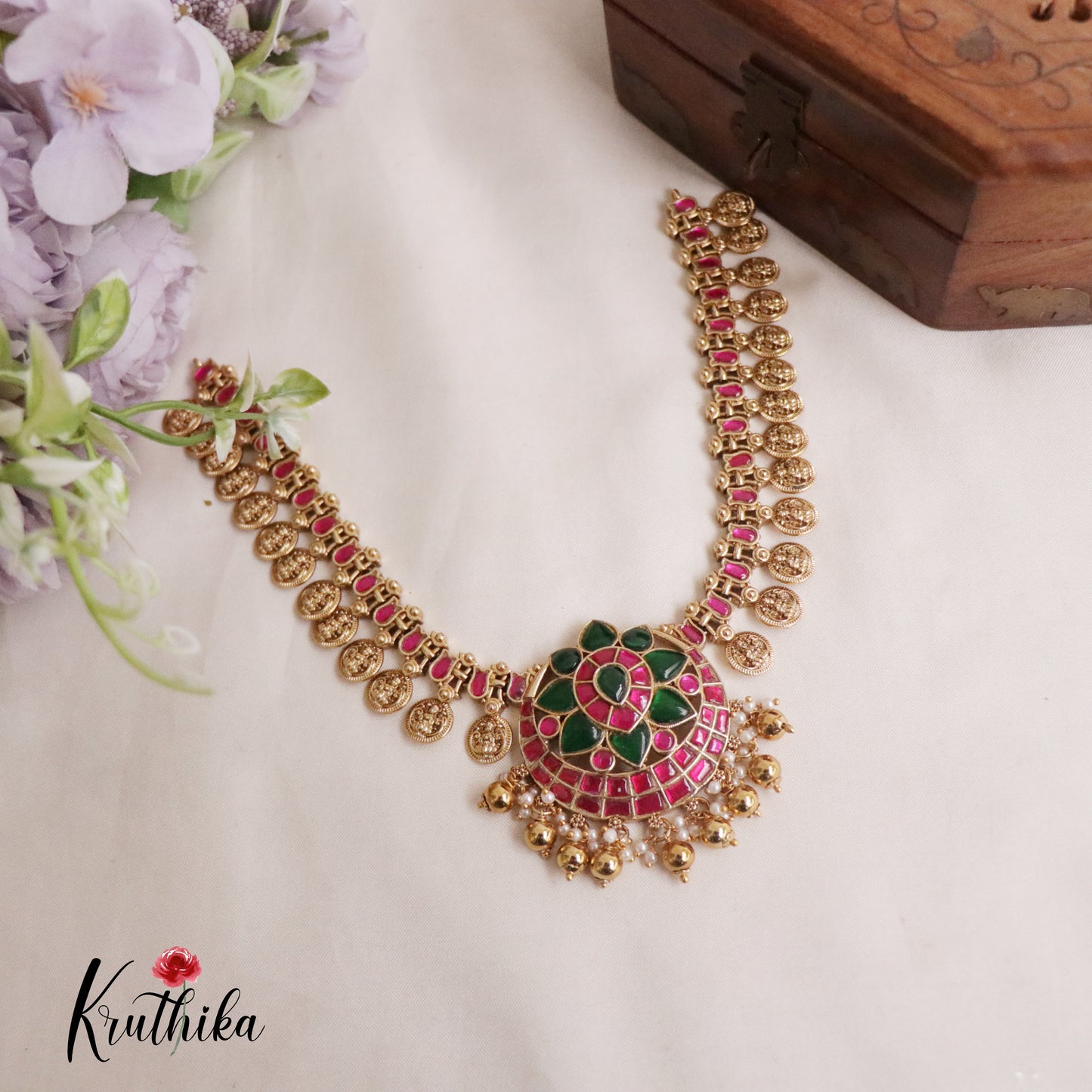 Premium Antique Lotus Jadau Pendant Kasu Necklace with Golden Beads NC2203 (Available in 2 Colours)