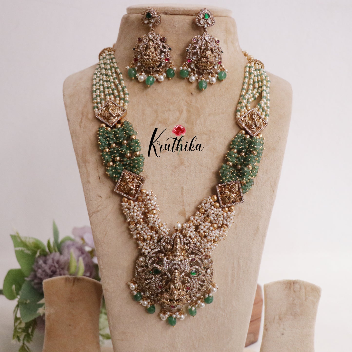 Beautiful CZ Pearls Temple Lakshmi Pendant Necklace Set NC2244