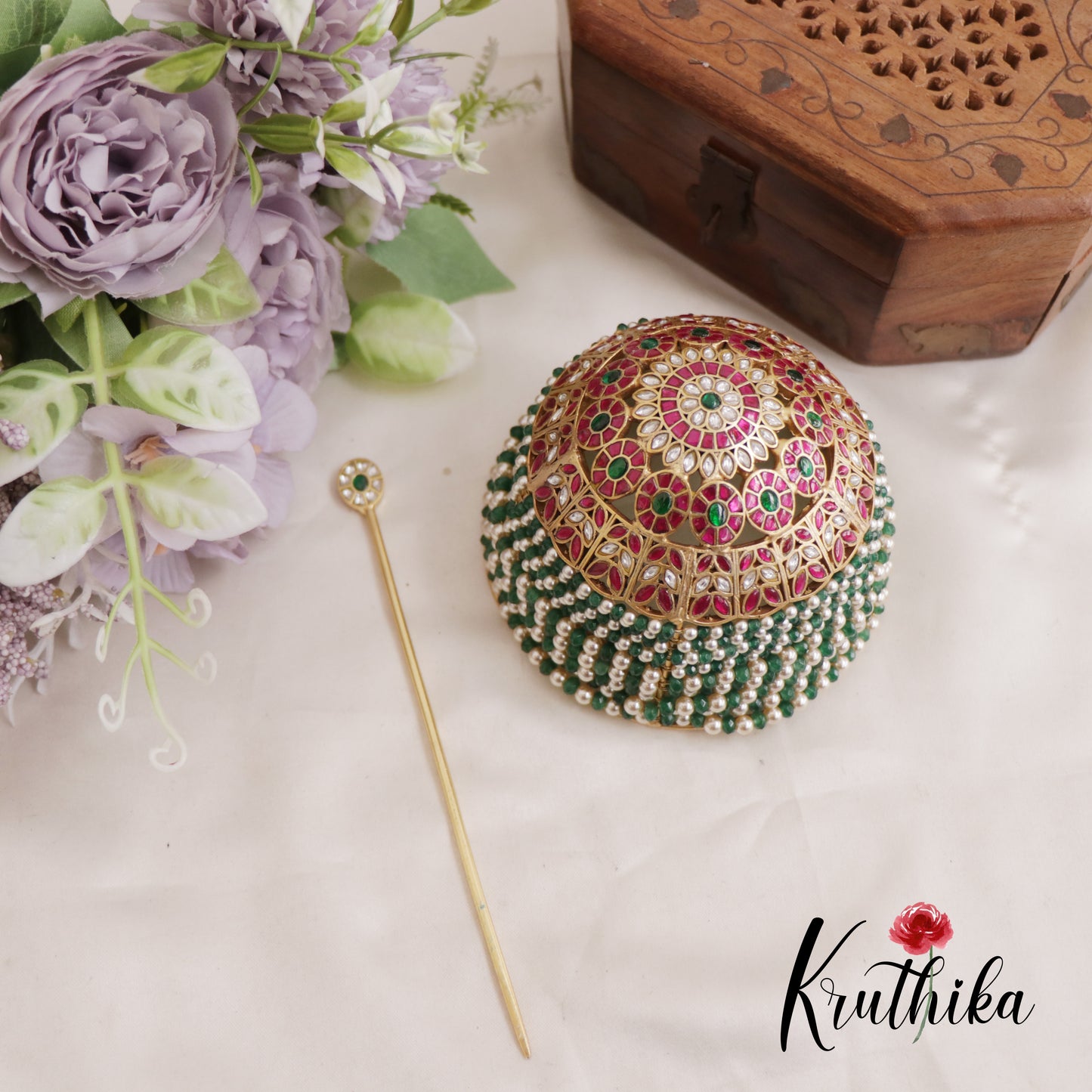 Premium Jadau Hair Bun With Pearl And Bead Tiers J288