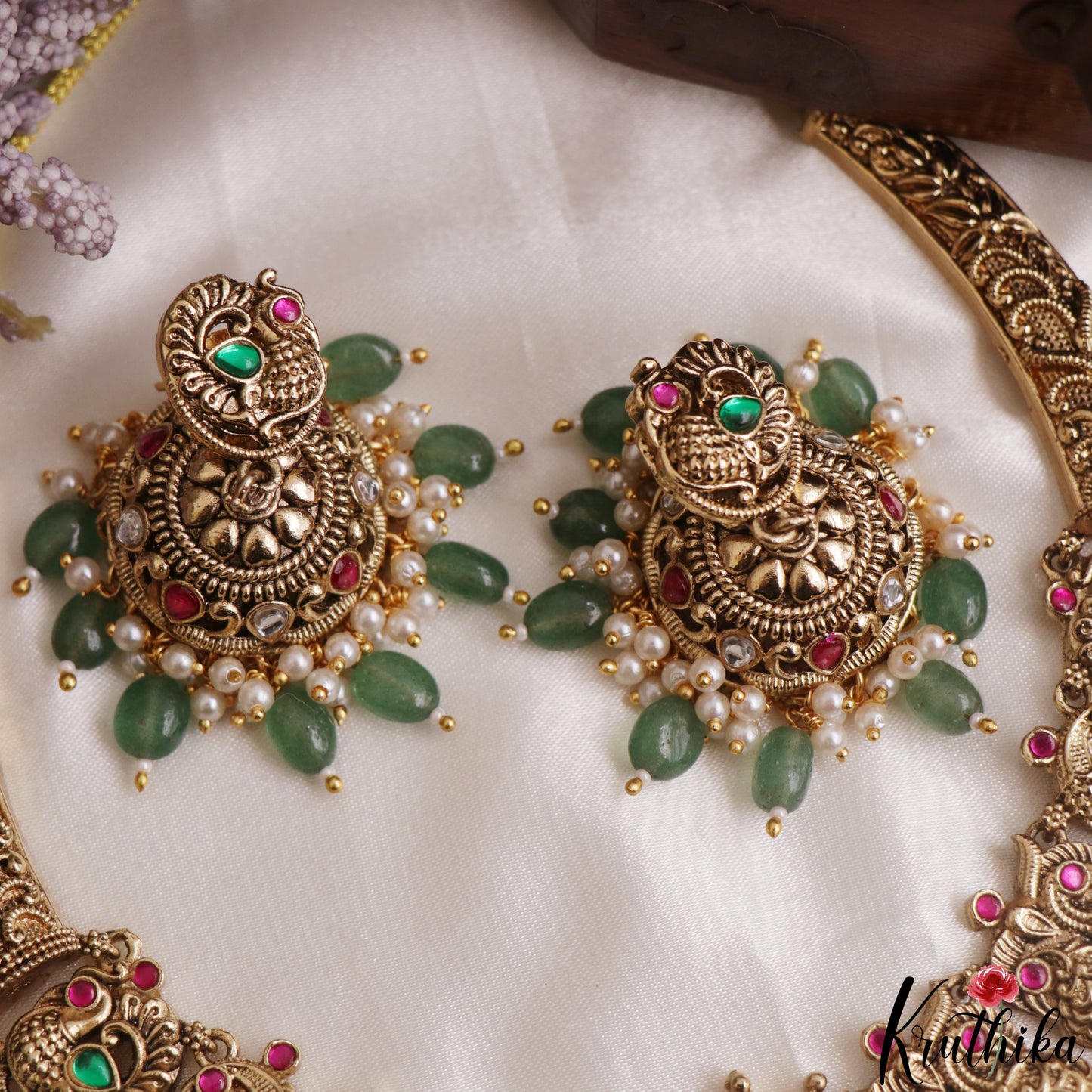 Gorgeous Antique Peacock Motifs Temple Necklace With Bead Drops NC3139 (Available In 2 Colors)