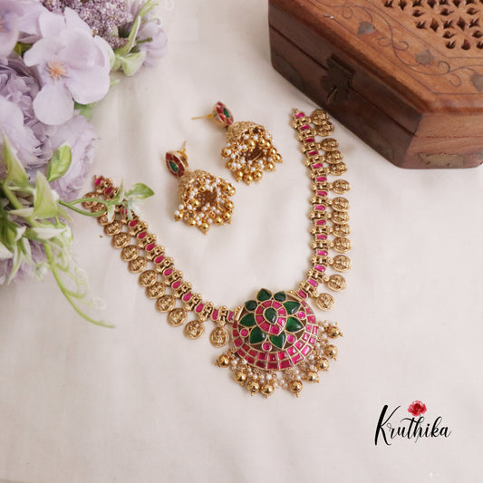 Premium Antique Lotus Jadau Pendant Kasu Necklace with Golden Beads NC2203 (Available in 2 Colours)