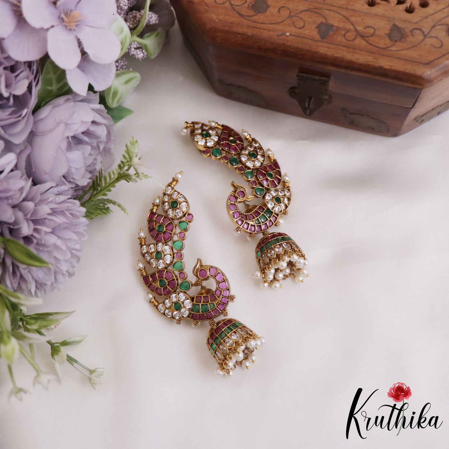 Premium Kemp Peacock Motifs AD Earcuff With Jhumkas E923