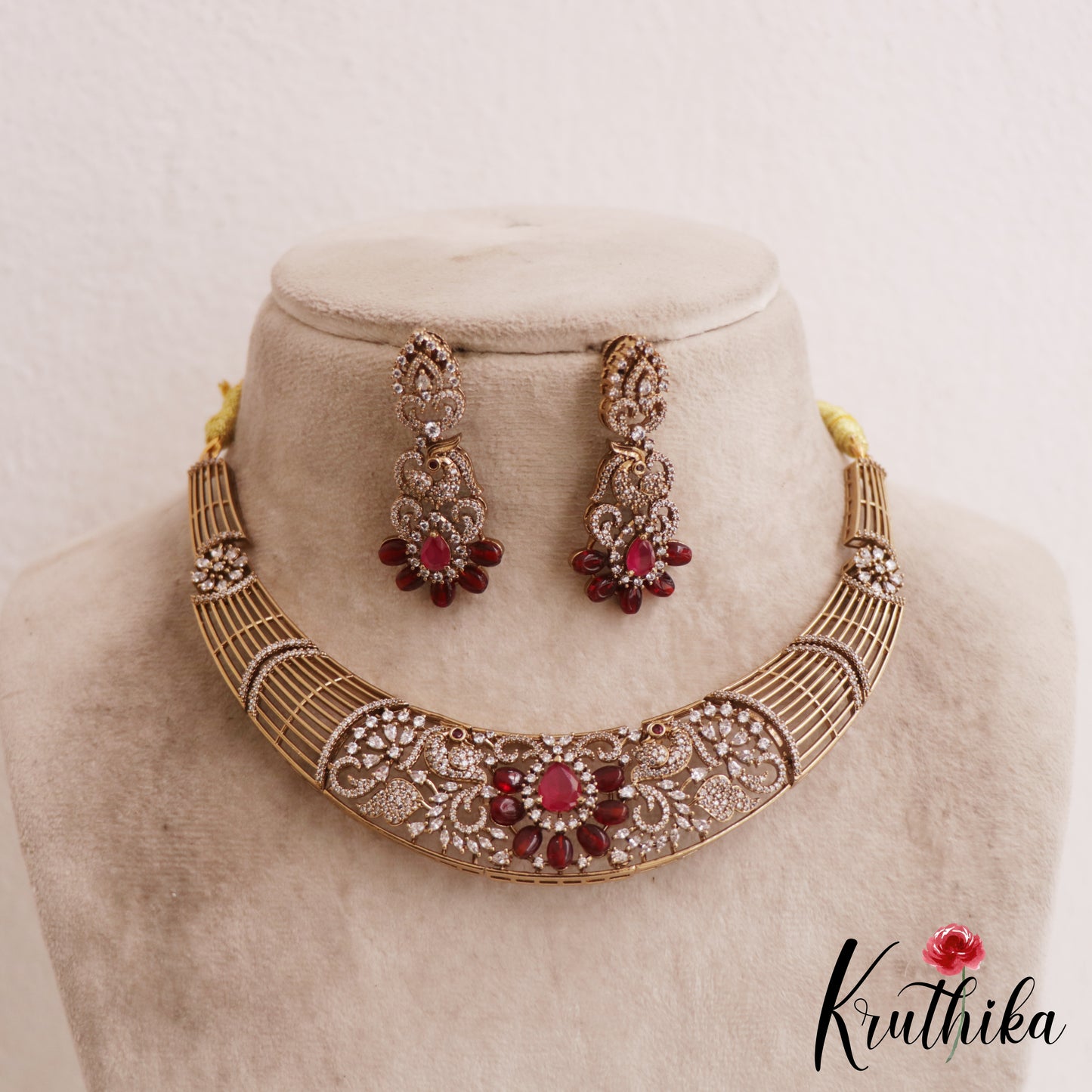 Stunning AD Floral Peacock Motifs Victorian Hasli Choker NC2812 (Available In 2 Colors)