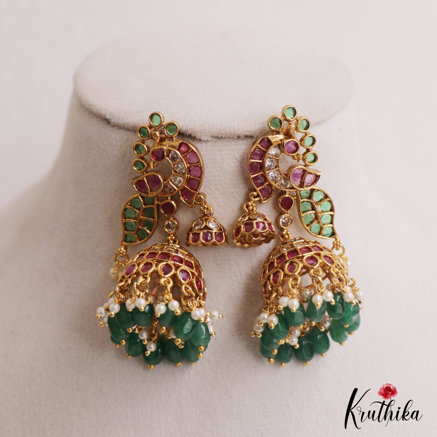 Beautiful Peacock Motifs Kemp Jhumkas With Pearl and Bead Drops E1090 (Available In 2 Colors)