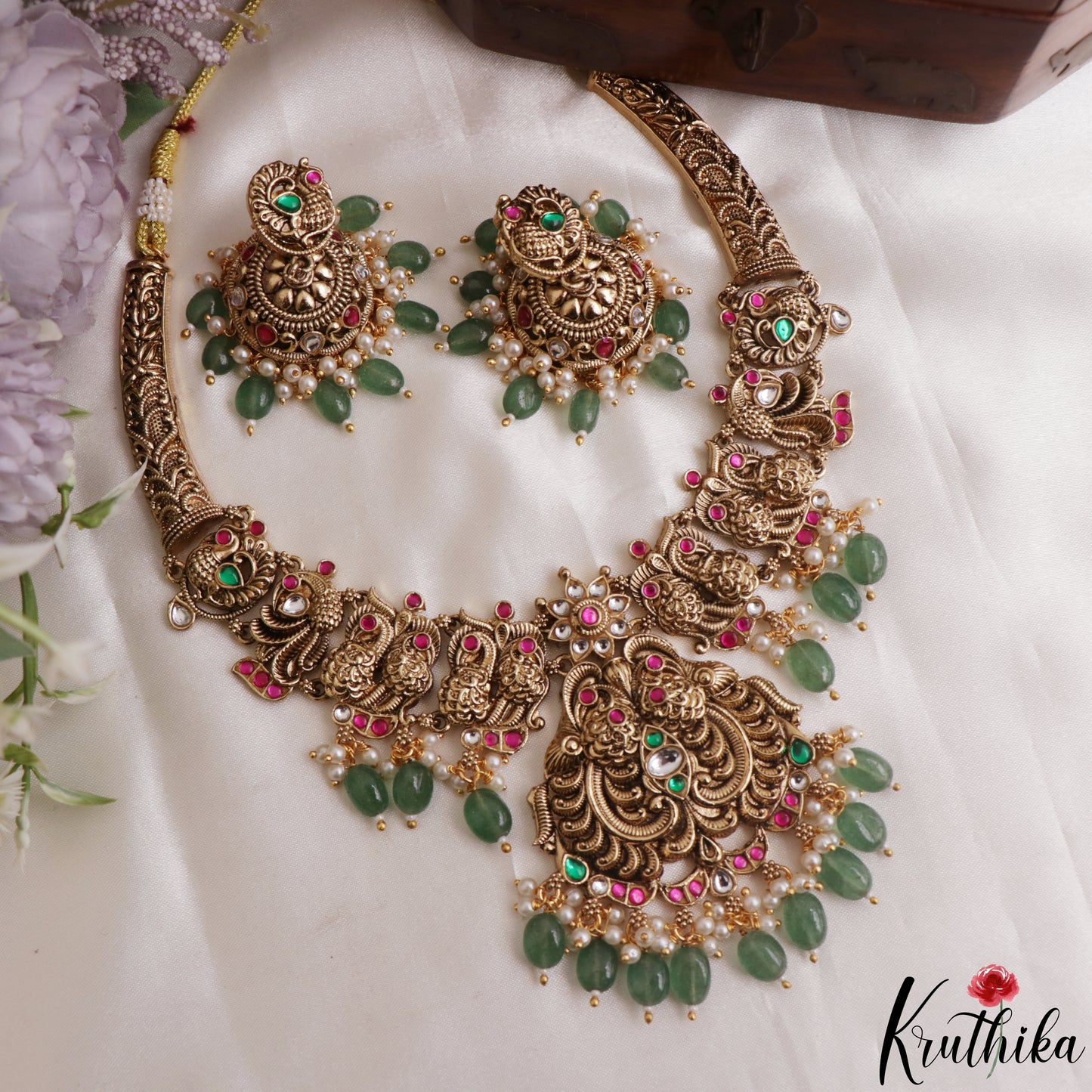 Gorgeous Antique Peacock Motifs Temple Necklace With Bead Drops NC3139 (Available In 2 Colors)