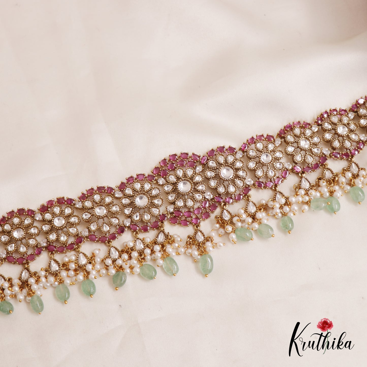 Sparkling CZ Stone Floral Hip Chain With Pearl And Bead Drops V322