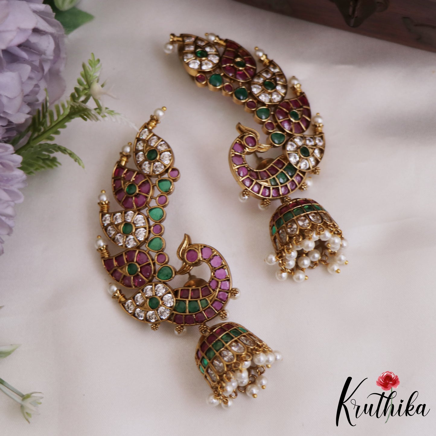 Premium Kemp Peacock Motifs AD Earcuff With Jhumkas E923