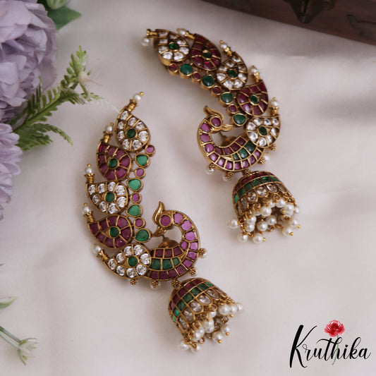 Premium Kemp Peacock Motifs AD Earcuff With Jhumkas E923