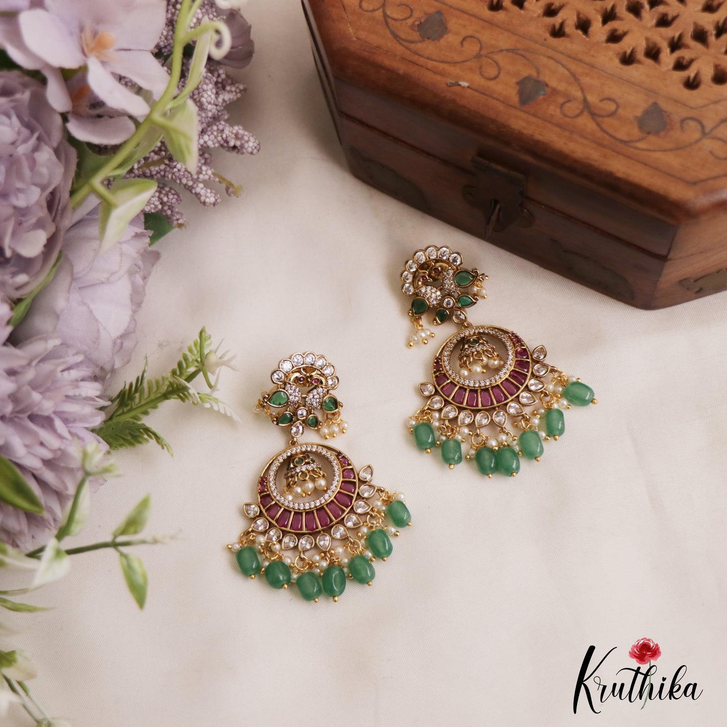 Beautiful Peacock Motifs Chandbali Jadau Earrings With Green Bead Drops E1094