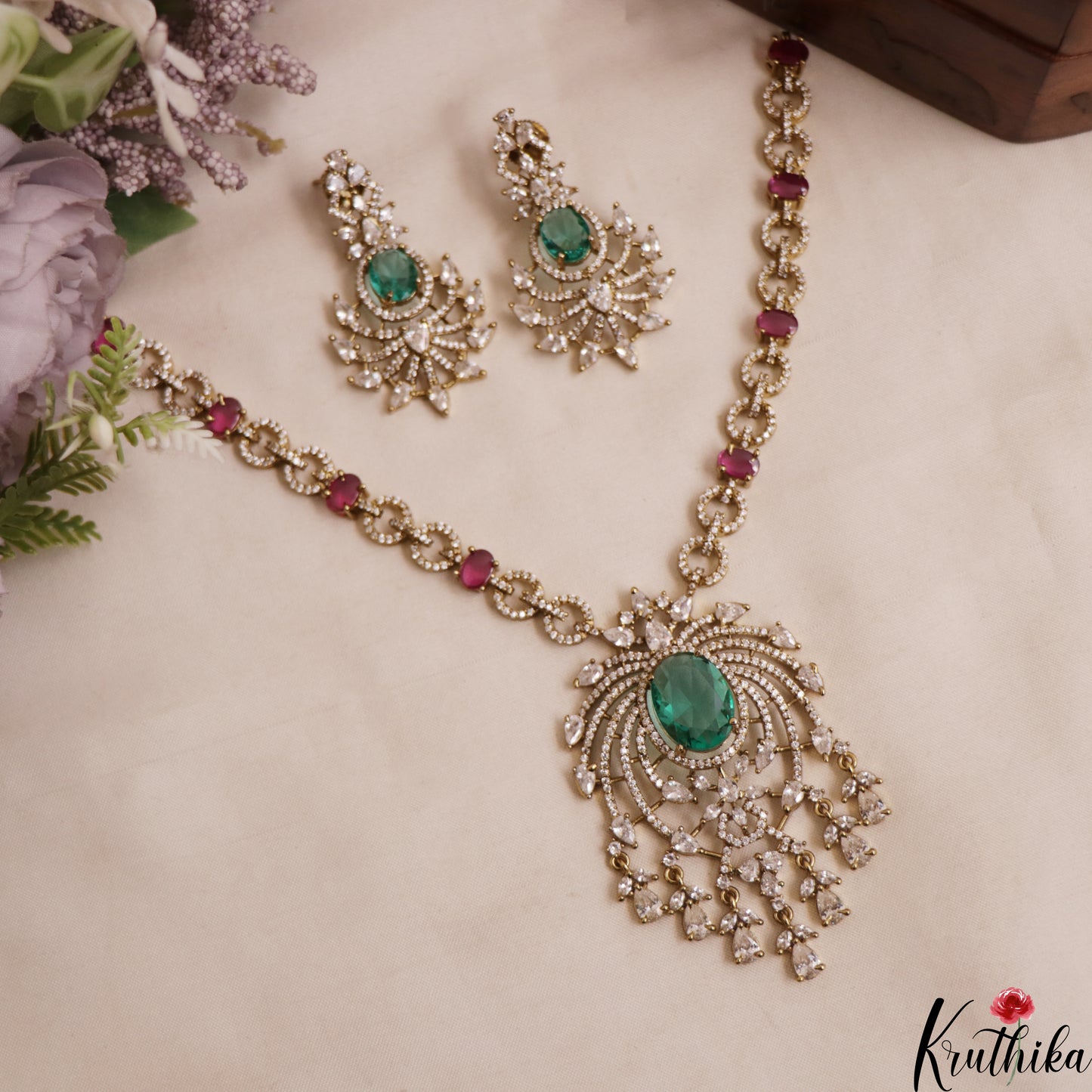 Sparkling Leaf Motifs CZ Victorian Necklace NC3012 (Available In 3 Colors)