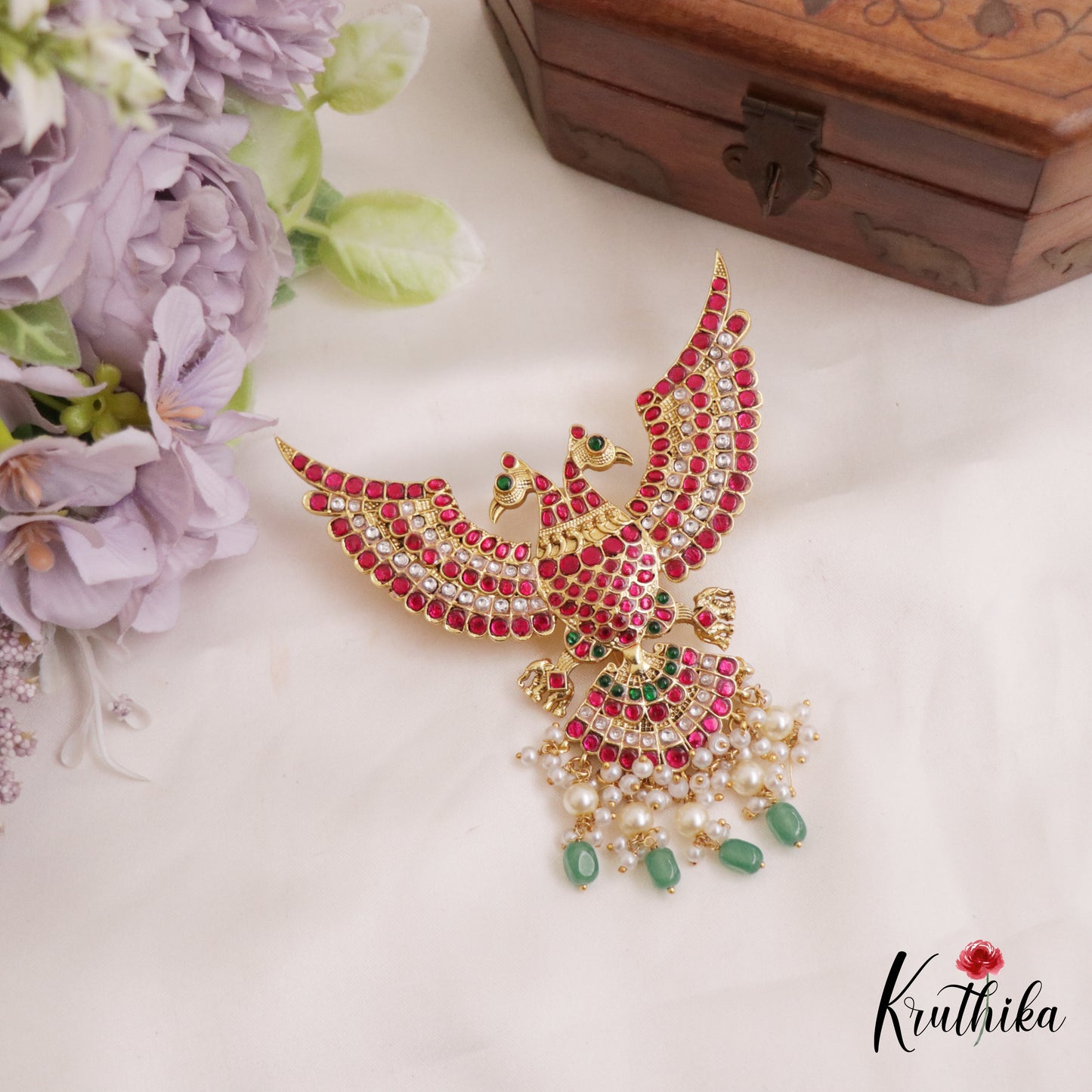 Premium Gandaberunda Jadau Pendant with Pearl And Beads Drops PS253 (Available In 2 Colors)