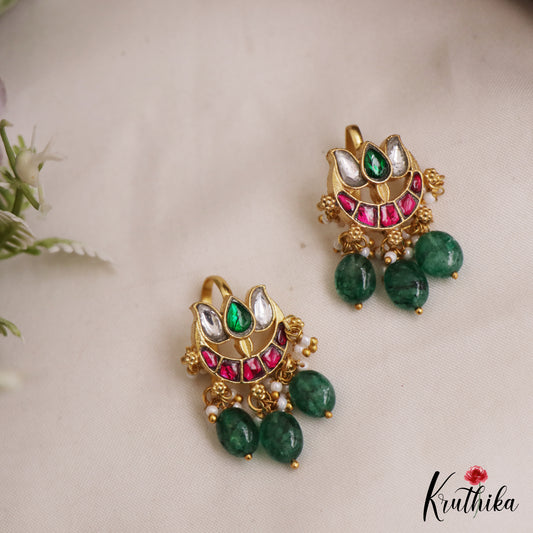 Elegant Jadau Earcuffs | Upper Earrings | Bugadi Earrings With Green Bead Drops E1066